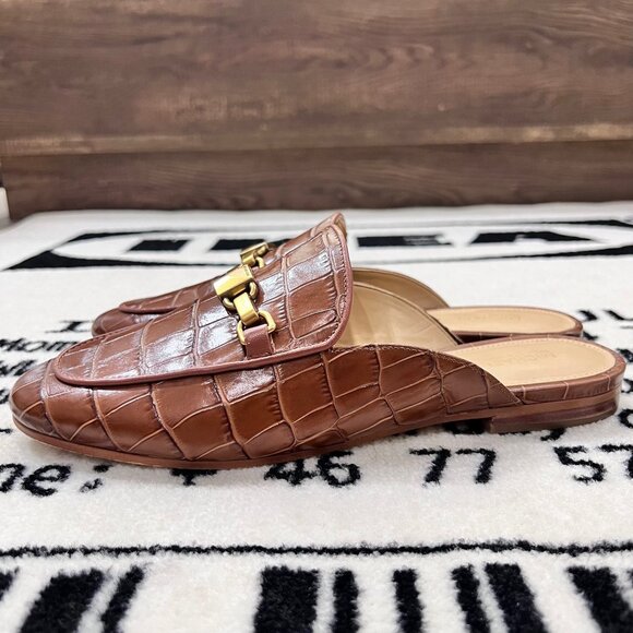 Michael Kors Charlton Crocodile-Embossed Leather Mules Slide - Cognac - Picture 1 of 8
